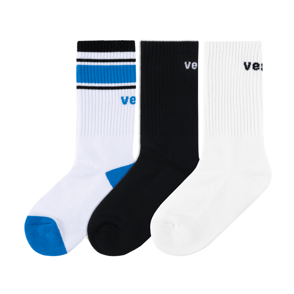 3-Pack Crew Socks - Black/White/Vessi Blue
