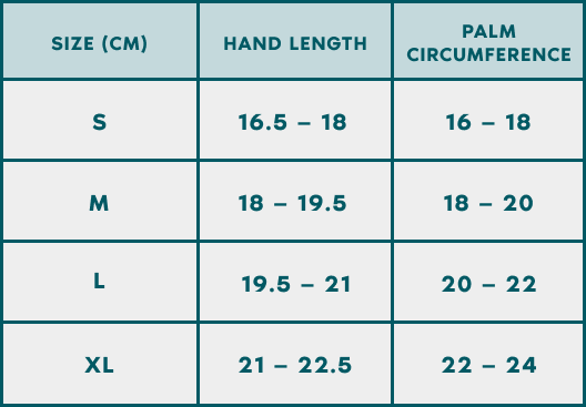 Table with sizes in cm