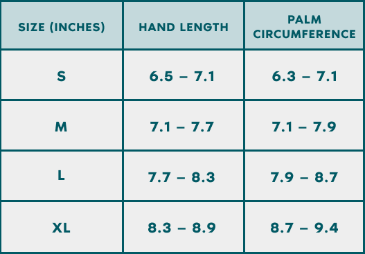 Table with sizes in inches